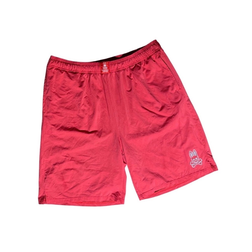 Psycho Bunny Men Red Mesh Athletic Gym Shorts Large Logo Performance Running